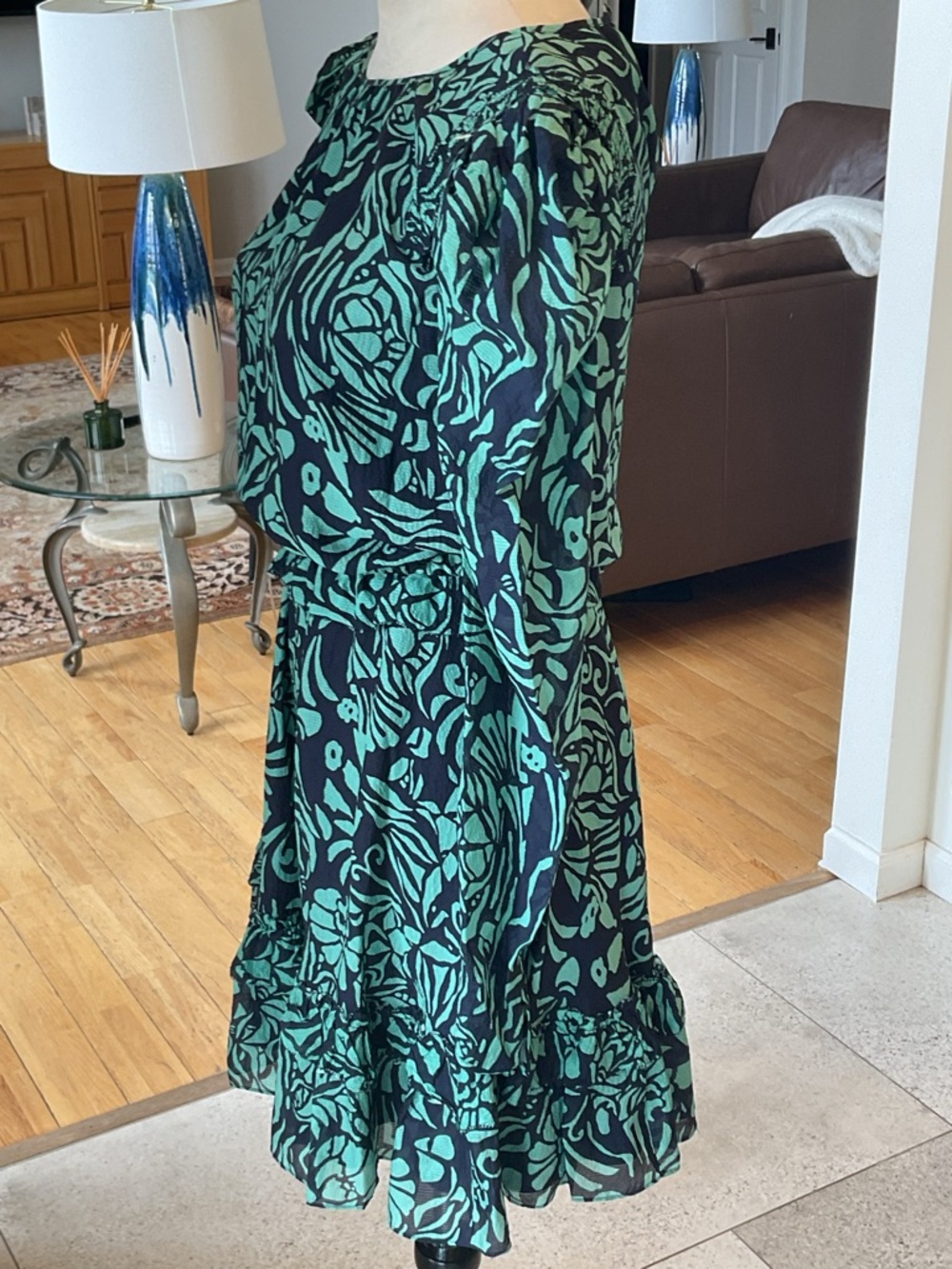 SILK Tanya Taylor Teal and Black Floral Long-Sleeve Dress - Picture 5 of 12